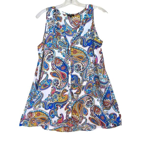 Cupio tunic top button up crepe sleeveless high-low hem colorful paisley print M - Picture 1 of 10